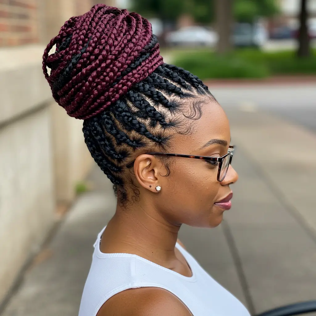 Burgundy Braided Top Knot with Defined Parts