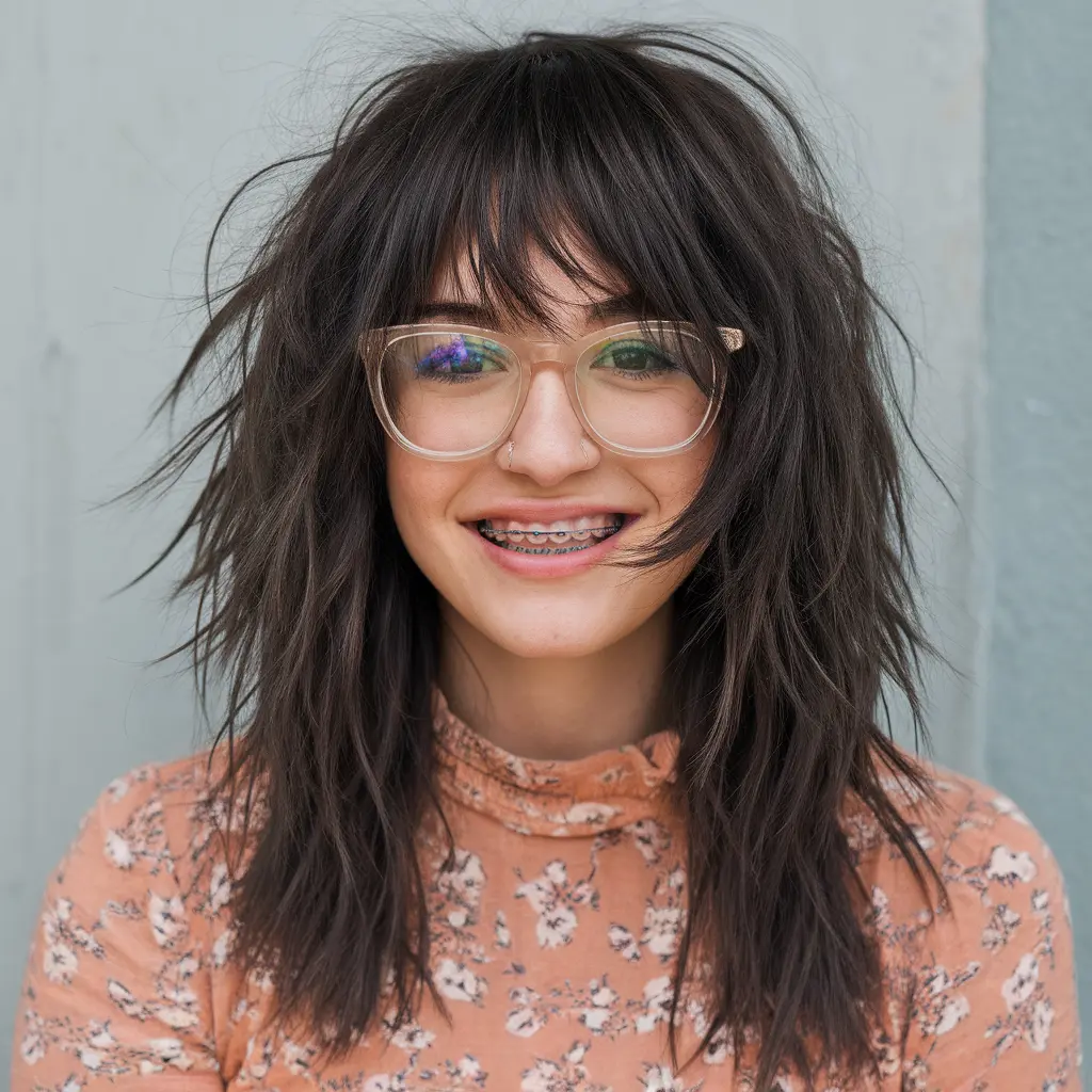 Wispy Bangs and Jagged Layers on Tousled Shaggy Hair