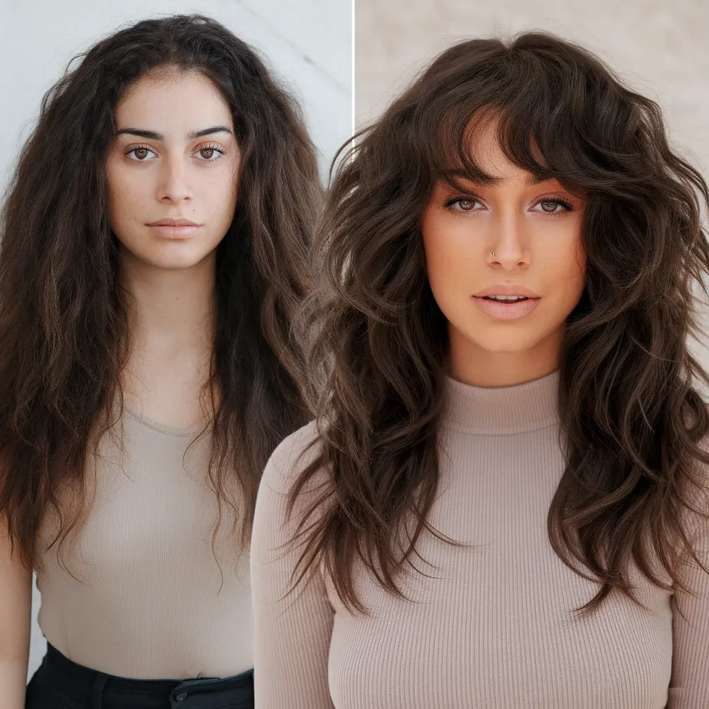 Long Curly Shag with Curtain Bangs