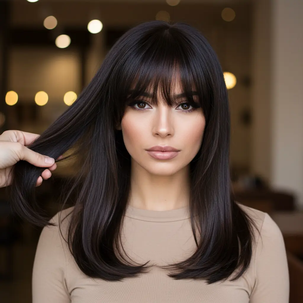 #19 Sleek Midnight Brunette with Feathered Curtain Bangs