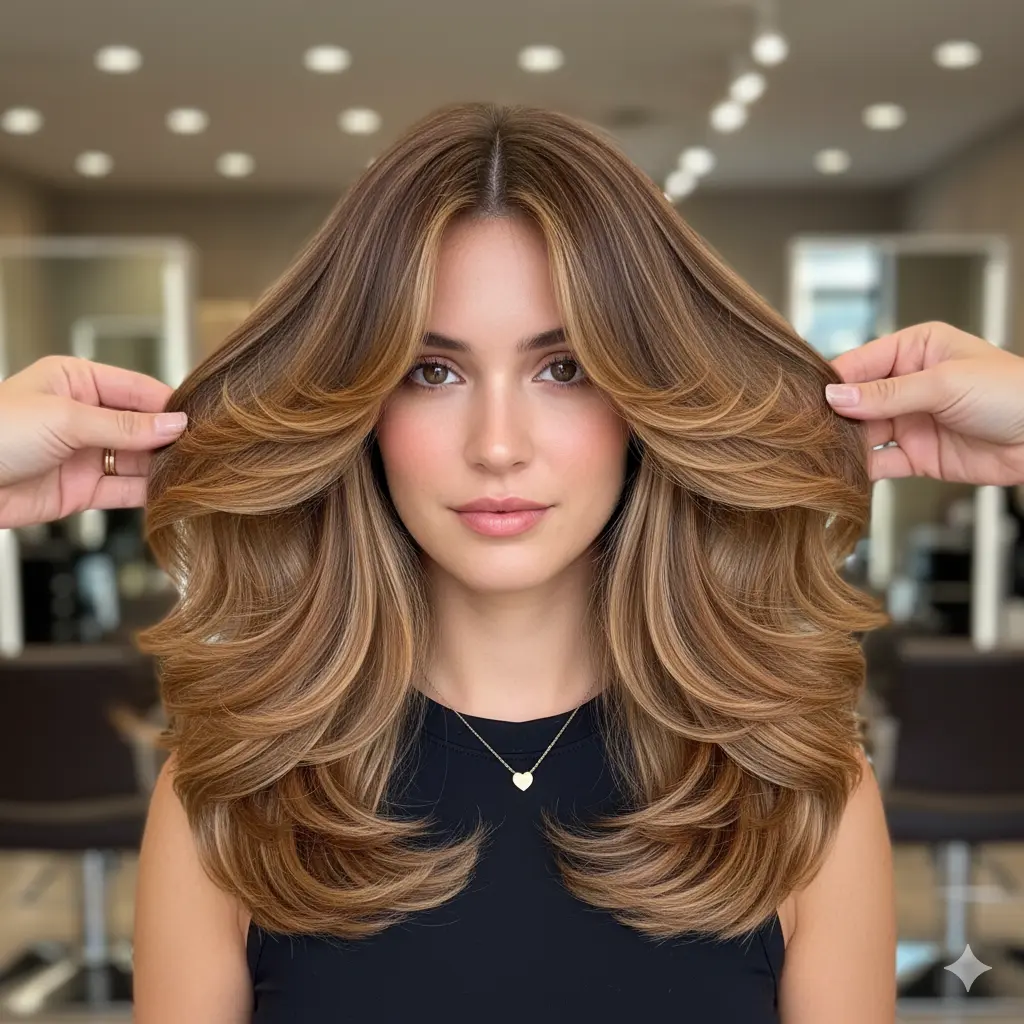 #2 Layered Long Hair with Curtain Bangs and Blowout