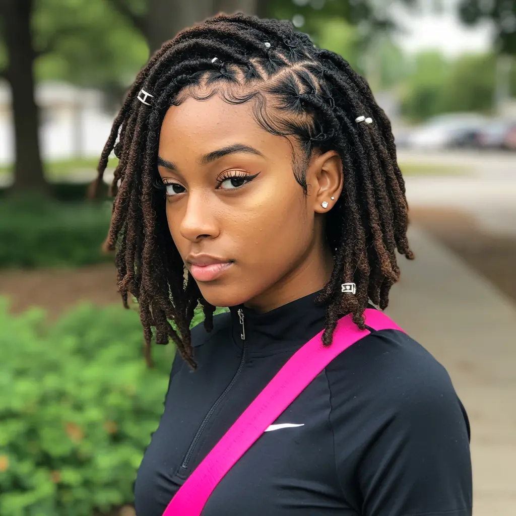 Shoulder-Length Loc Bob with Side Cornrows