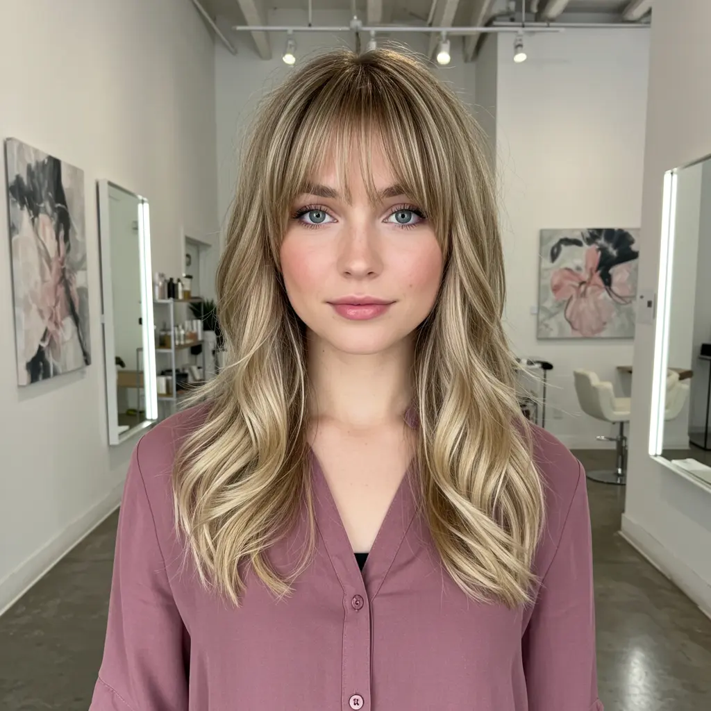 #1 Long Layers With Face Framing Curtain Bangs