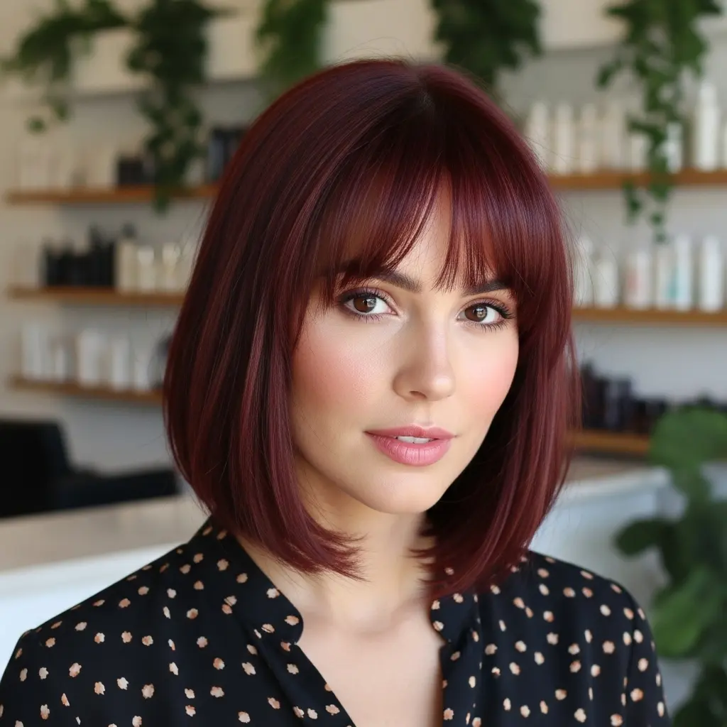 #18 Chic Cherry Brown Lob with Soft Bangs