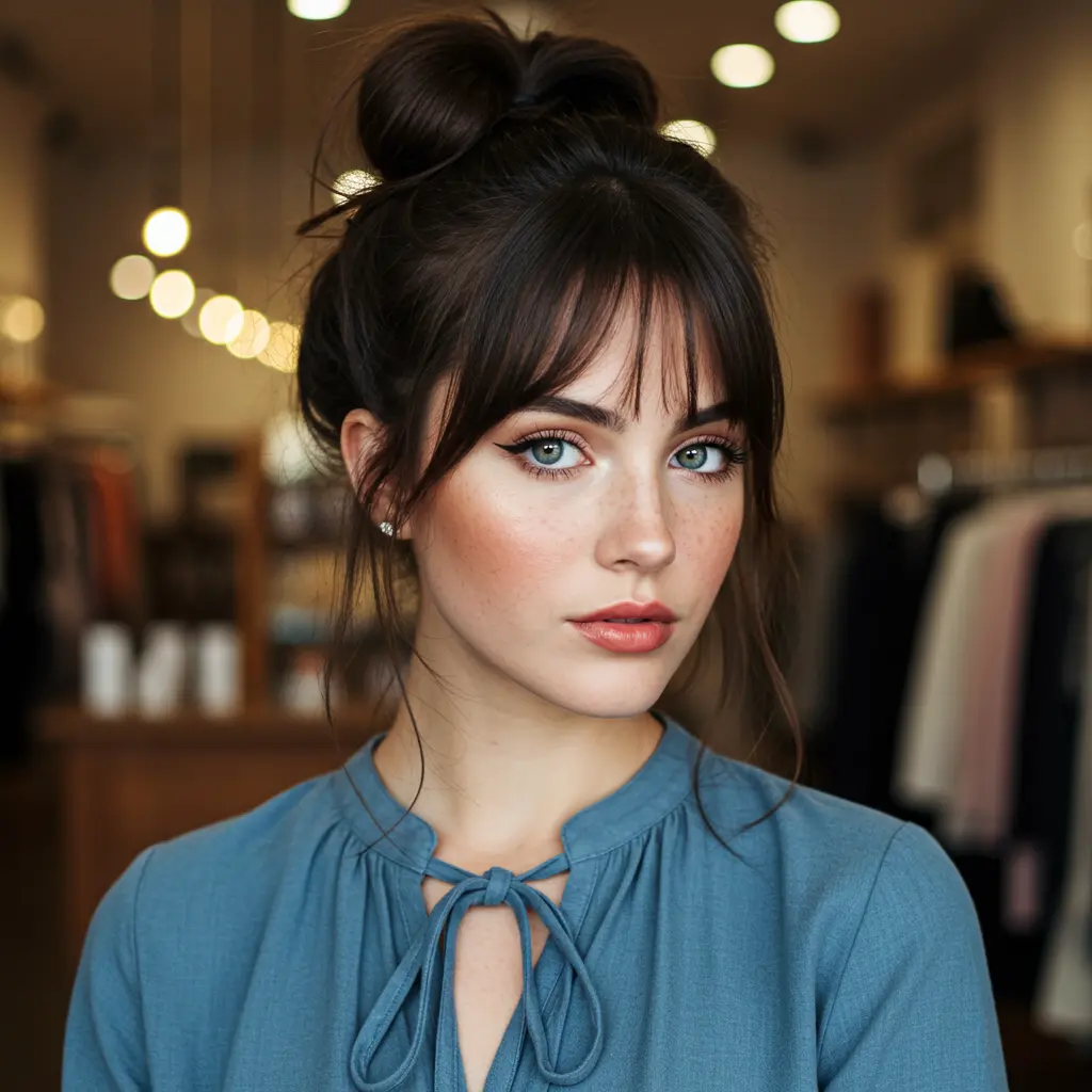#2 Curtain Bangs With A Messy Bun