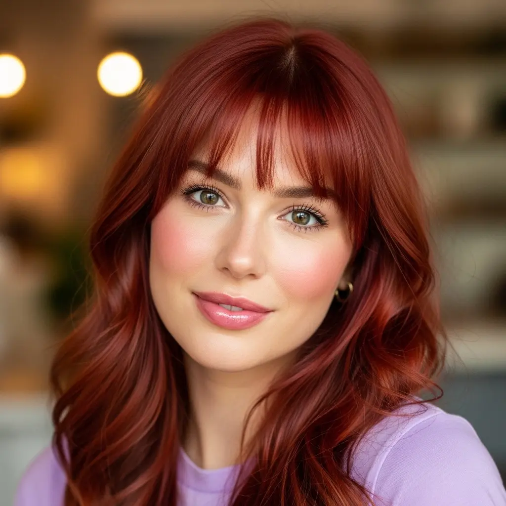 #20 Radiant Cherry Red Long Layers with Soft Bangs