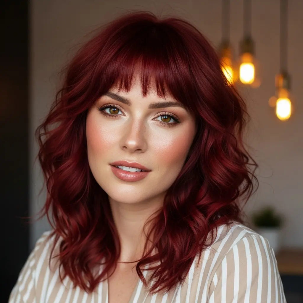 #22 Vibrant Cherry Layered Curls with Bangs