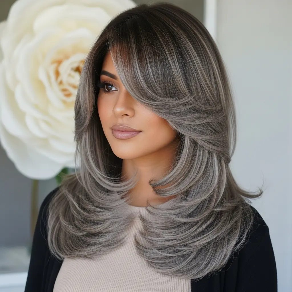 #4 Gray Balayage with Curtain Fringe