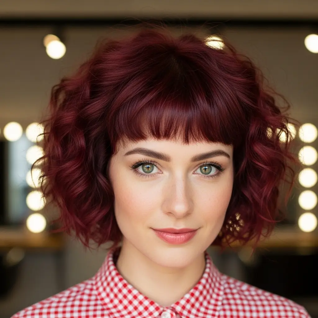 #5 Chic Cherry Curly Bob with Soft Fringe