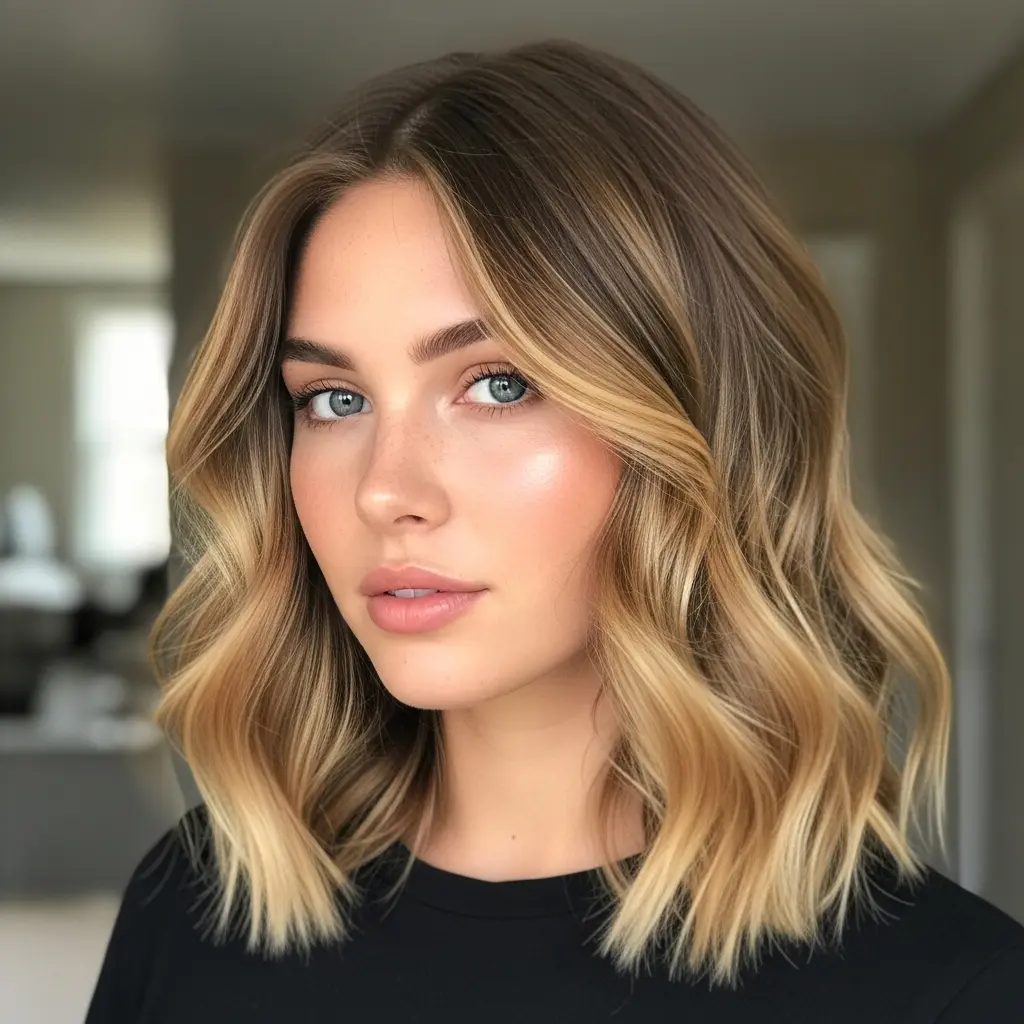 #7 Warm Honey Balayage on Side-Parted Hair