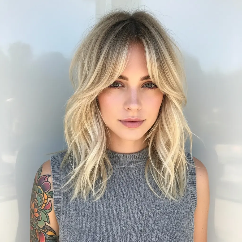 #8 Wavy Blonde Shag with Curtain Bangs