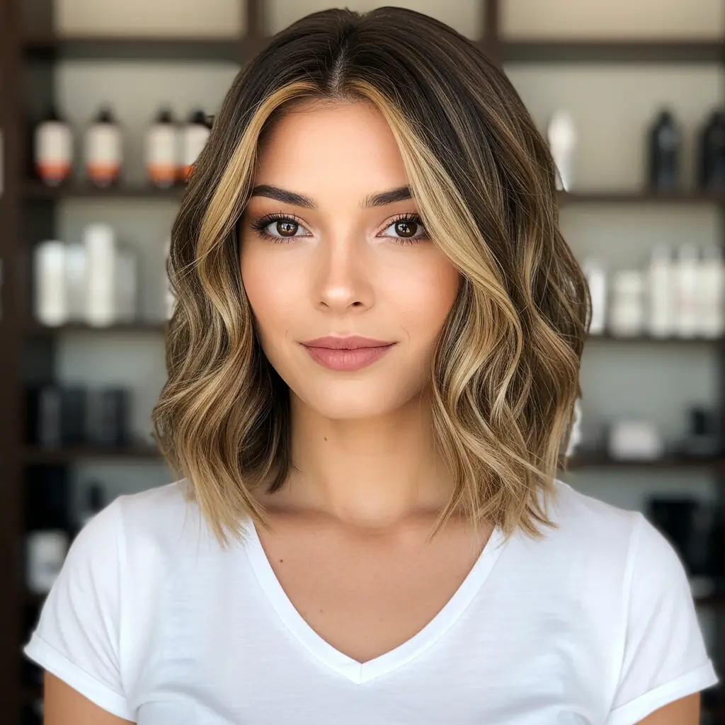 #9 Medium Blonde Balayage with a Center Parting