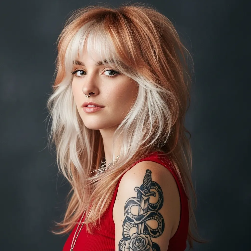 #12 Long Shag with Bright Blonde Curtain Bangs