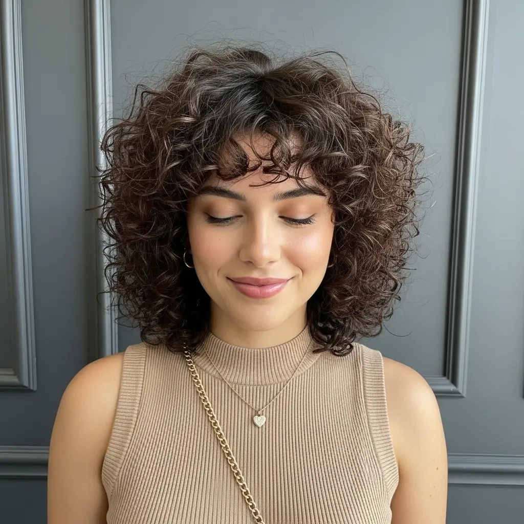 #15 Shoulder-Length Curly Cut with a Fringe