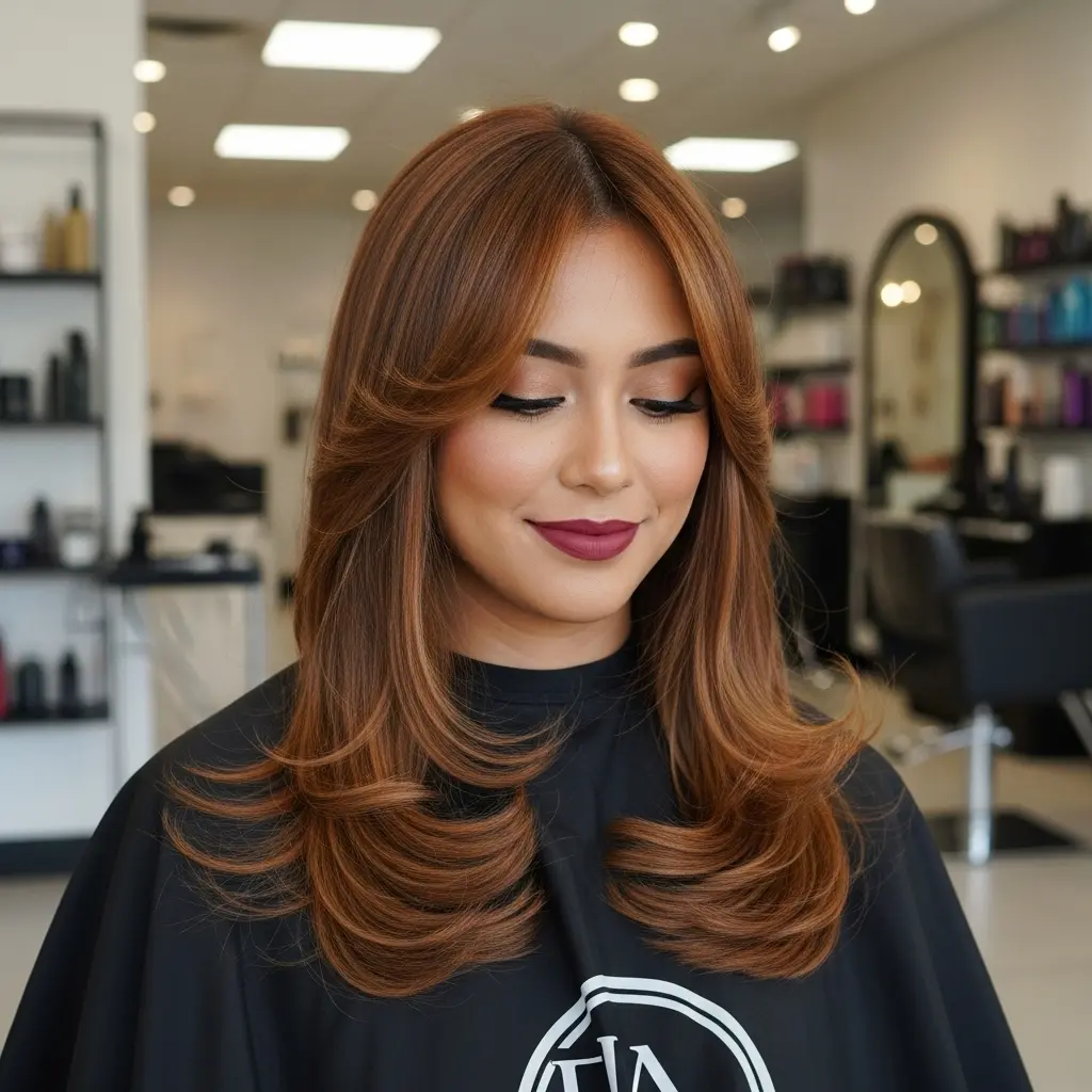 #2 Light Caramel Layered Haircut with Wispy Bangs