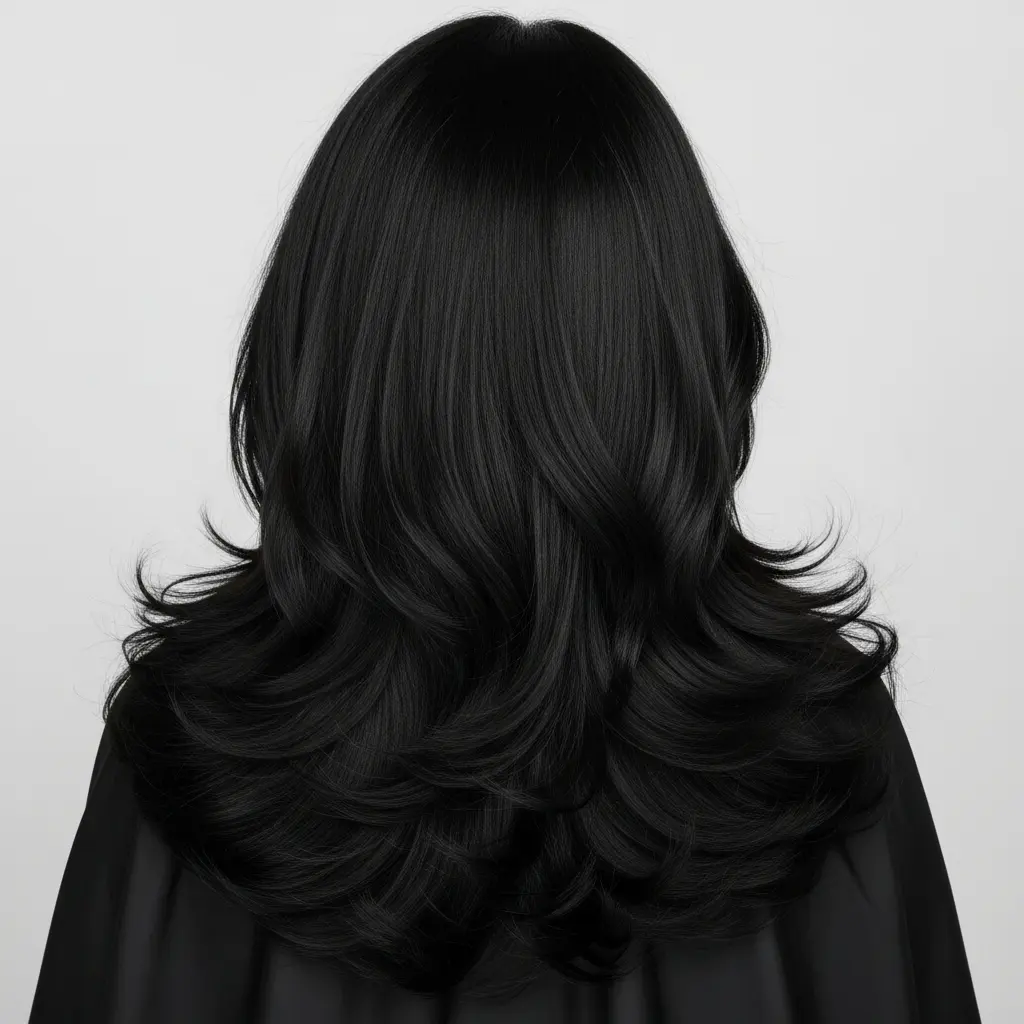 #1 Long Jet-Black Layered Hair with Volume
