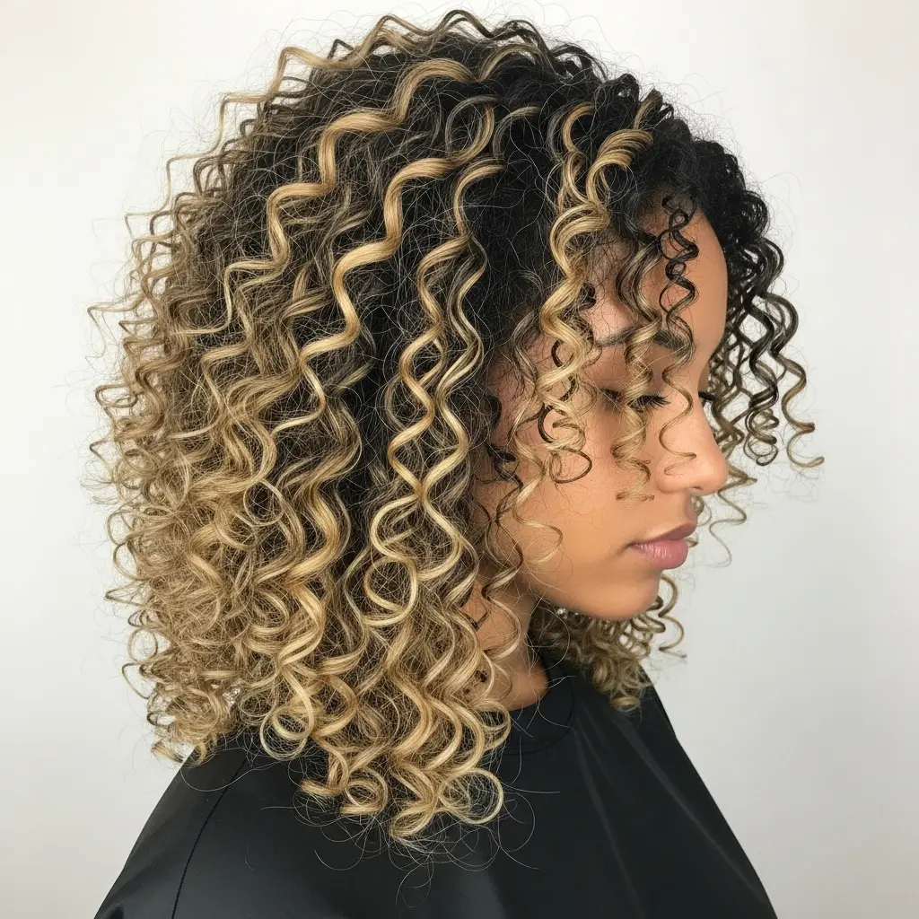 #2 Partial Blonde Highlights on Soft Curly Hair