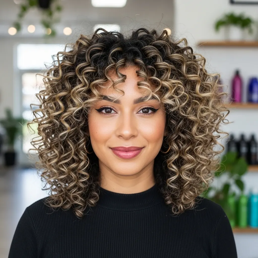 #22 Mid-Length Curly Cut with Chunky Blonde Balayage