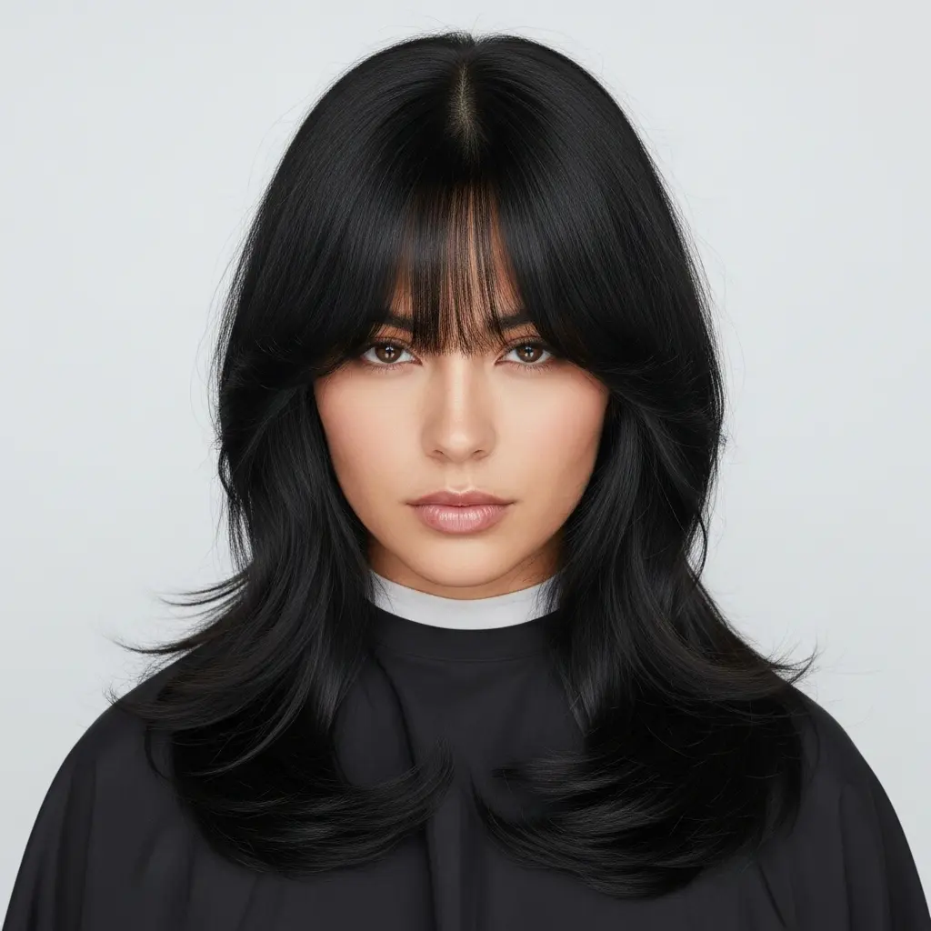 #6 Long Black Butterfly Cut with Long Curtain Bangs