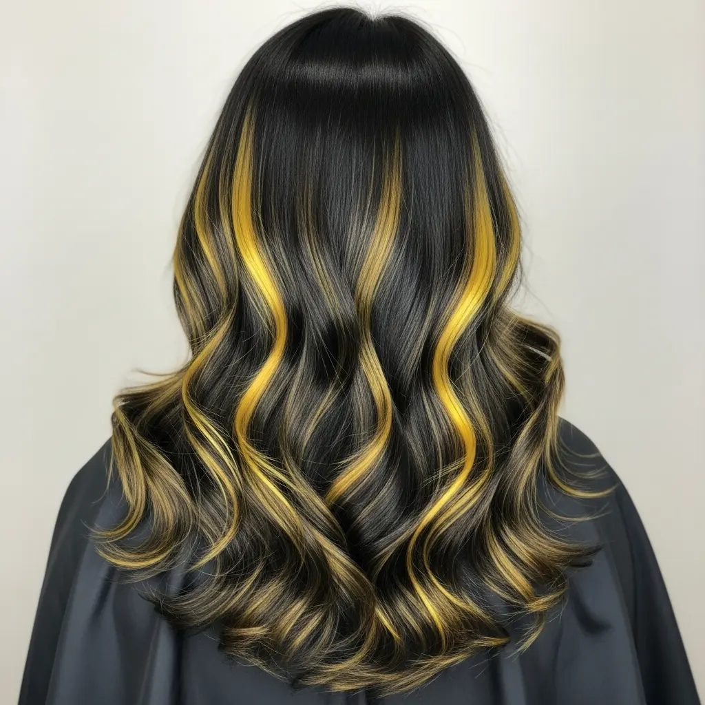 #8 Long Black Hair with Bold Yellow Highlights