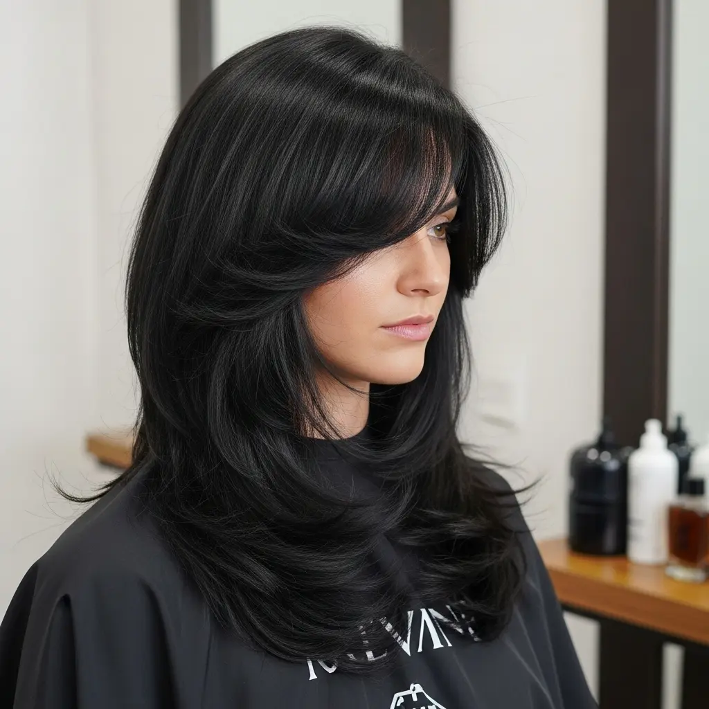 #9 Long Feathered Layers and Side Bangs